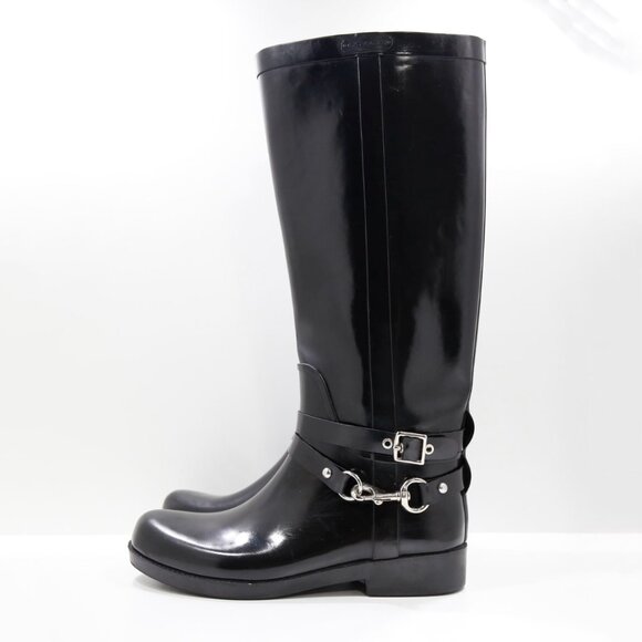 Coach Lori Black Rubber Knee High Waterproof Rain Boots - 9 - Picture 1 of 7